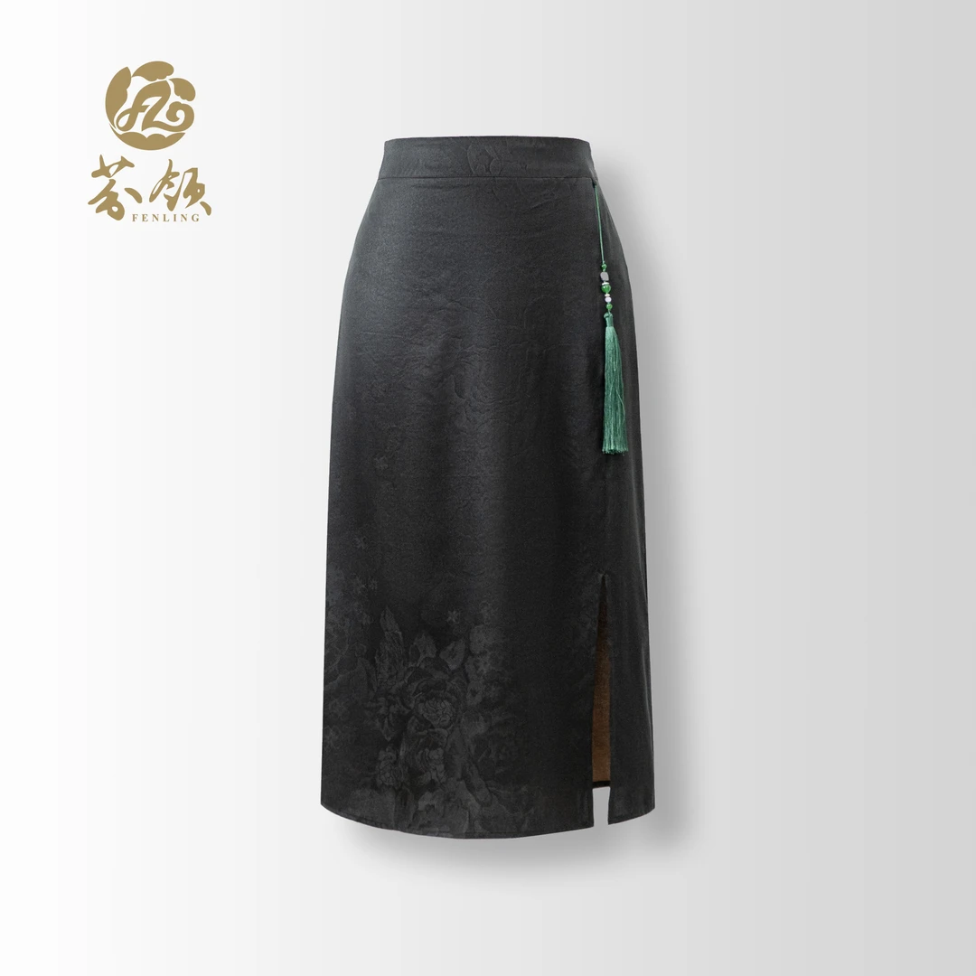 芬领-黑色芙蓉提花-新中式桑蚕丝香云纱提花缎30姆米半身裙BQ311-