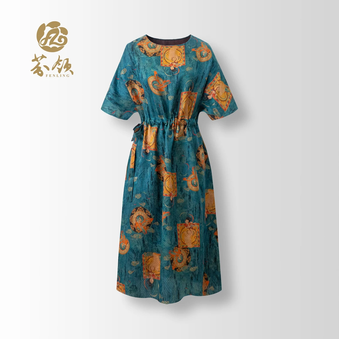 芬领-敦煌·蓝-国风非遗桑蚕丝香云纱四经绞罗抽绳连衣裙SY1416-SY