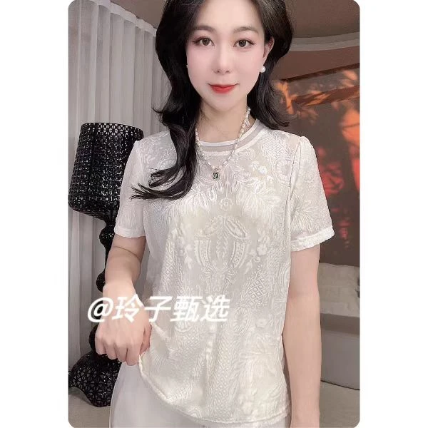 显瘦网红白色轻奢宽松拼接植绒提花设计感气质休闲T恤