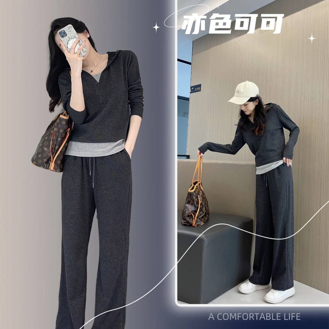 欧洲站2023春秋绵羊绒糯米套装显瘦休闲裤运动针织直筒时尚小个子