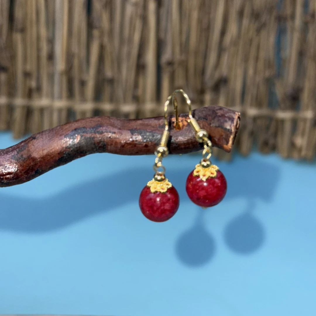 含辰砂工艺品10MM单珠耳坠  全透晶体砂