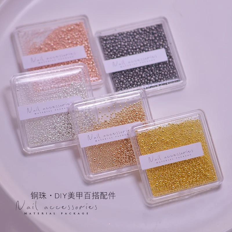 美甲日系钢珠饰品百搭金色银色香槟金大小混盒装指甲配饰钻批发