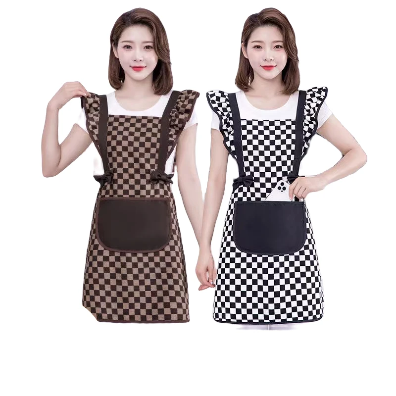 时尚新款防水防油耐磨洋气家用厨房围裙棋盘格女士上班干活工作服