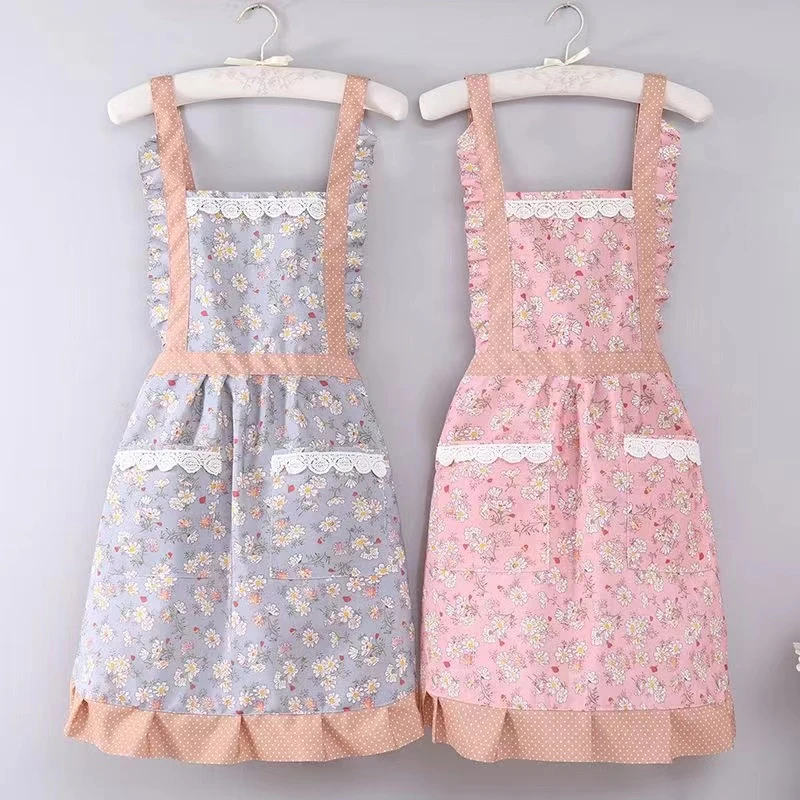新款厨房家用做饭可爱防油污透气上班工作服加宽背带围裙田园围裙