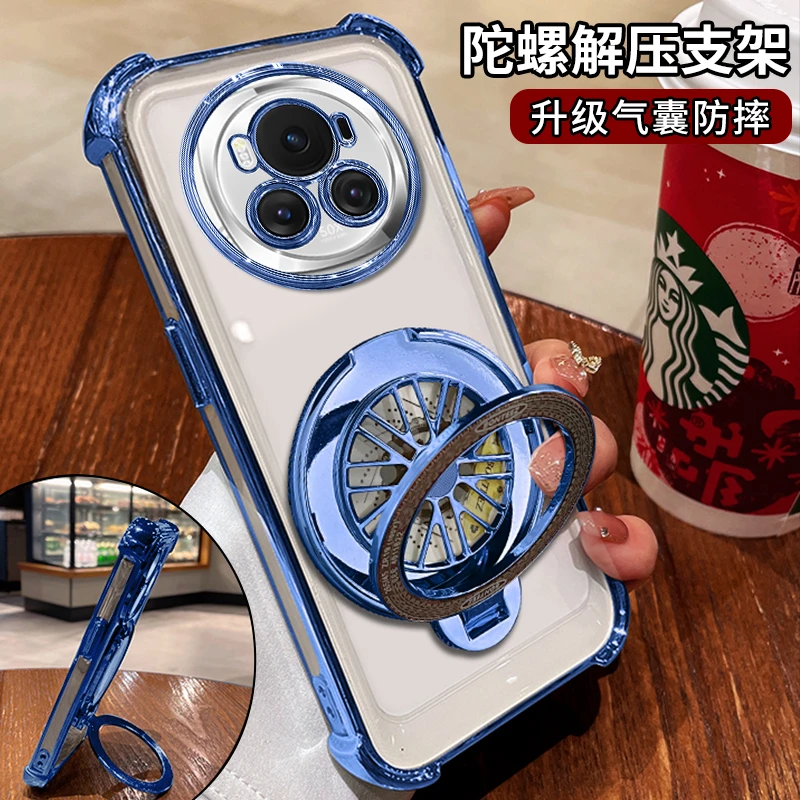 适用【荣耀Magic6】高颜值电镀透明解压陀螺支架四角全包防摔手机壳