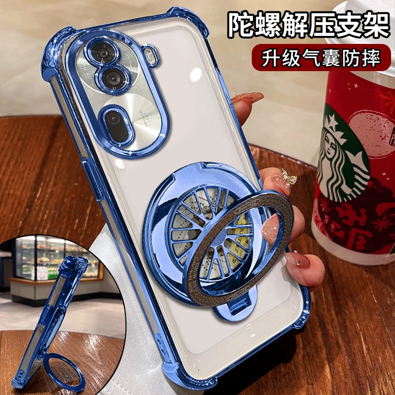 适用【OPPOReno11Pro】电镀透明解压陀螺支架四角全包防摔手机壳男