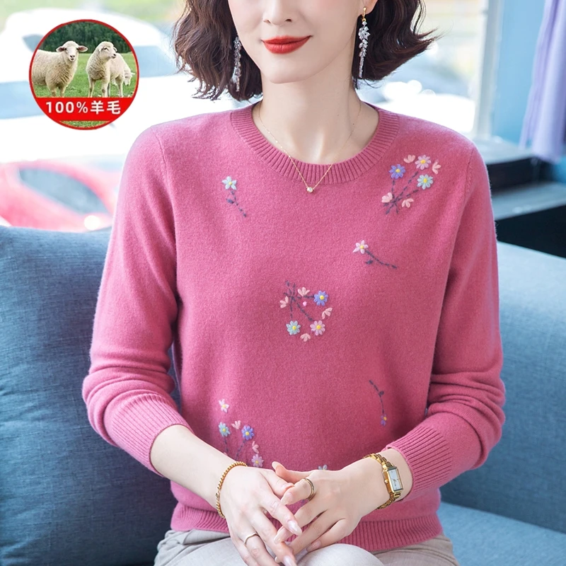 高档秋冬新款妈妈100%纯羊毛衫圆领百搭套头中老年宽松大码毛衣女