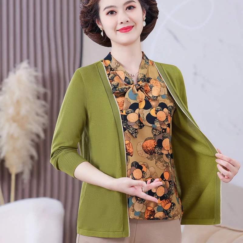 妈妈秋装假两件上衣洋气40岁50时尚中老年人女装春秋针织小衫薄款