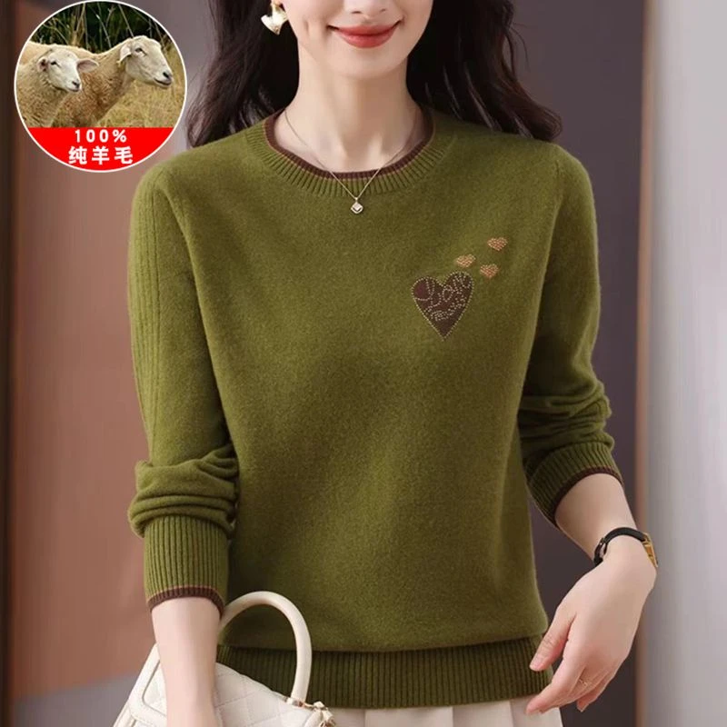 2024秋冬新款中年妈妈装秋冬新款圆领高档时尚100%纯羊毛针织毛衣
