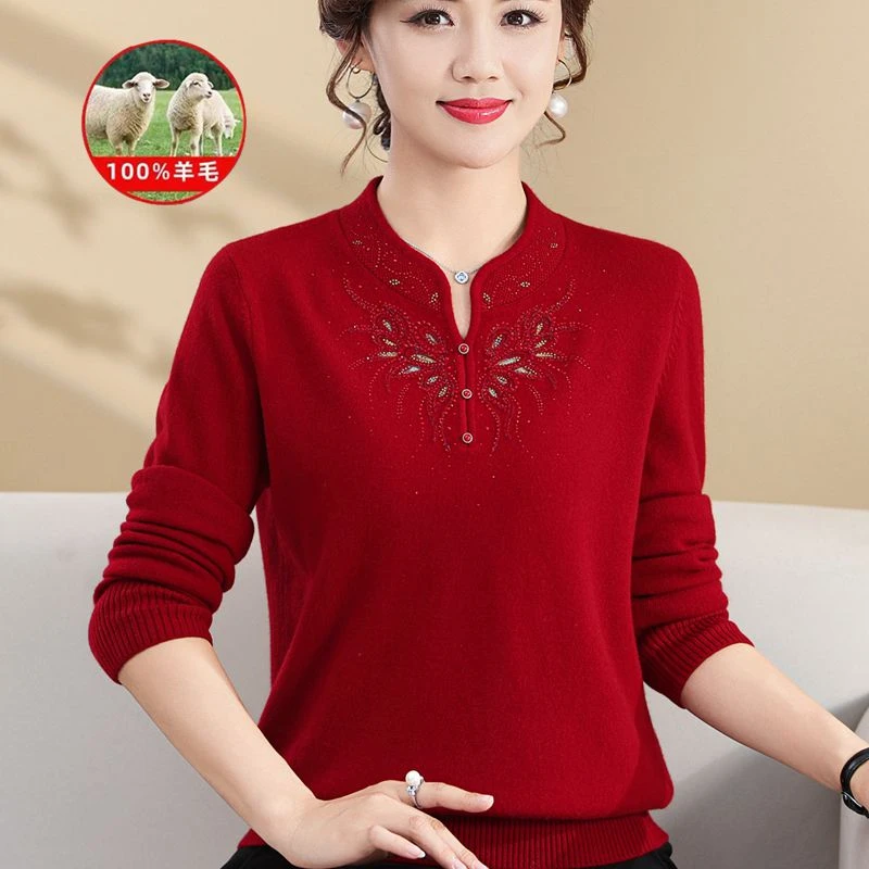 妈妈装旗袍领100纯羊毛衫女中老年女装高端秋冬立领打底羊毛上衣