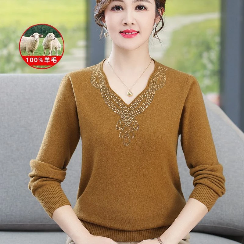 妈妈高级感羊毛衫女100纯羊毛秋冬新款V领毛衣中老年女针织羊毛衫