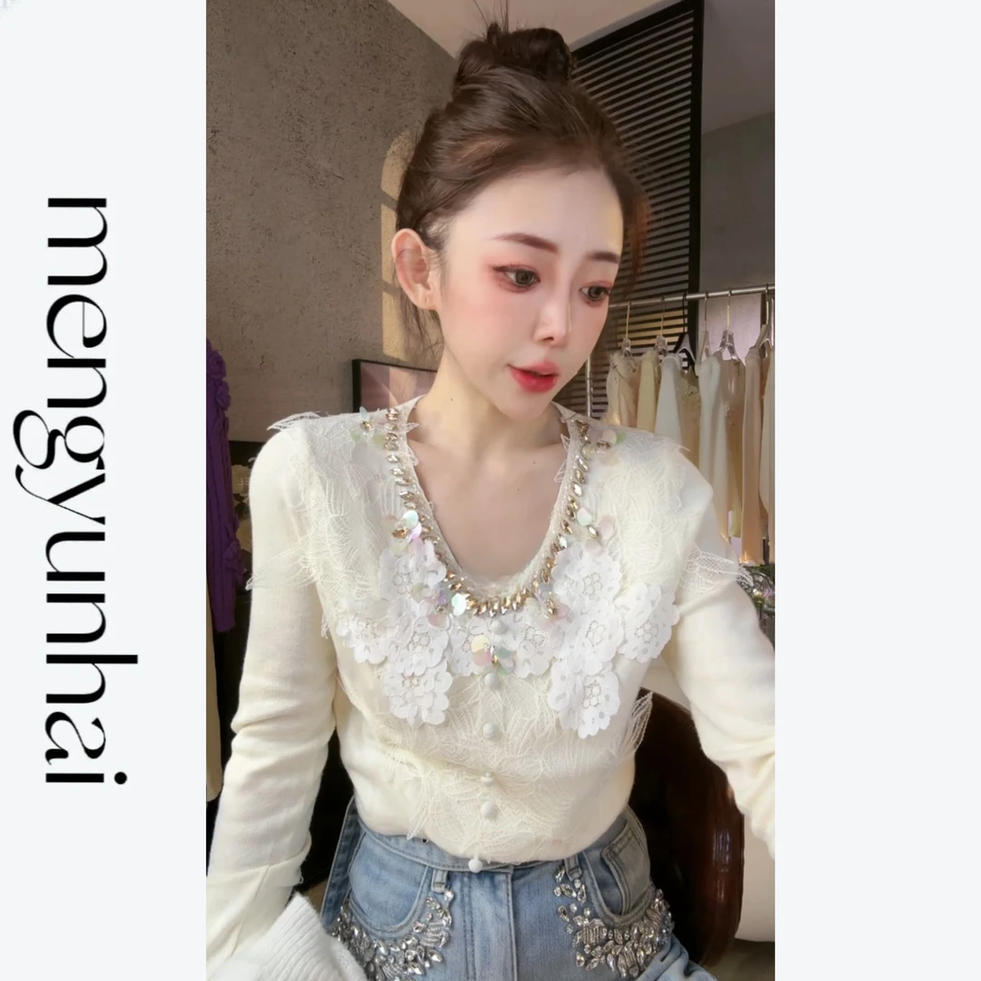 秋冬女装洋气蕾丝v领开衫针织衫外穿软糯毛衣内搭打底衫温柔上衣