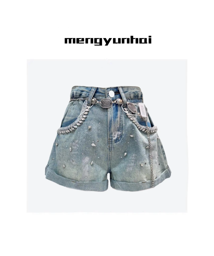 卷边亮钻钉珠时髦高腰牛仔短裤