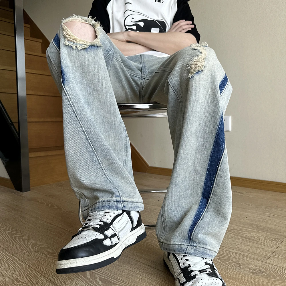 美式高街直筒裤宽松百搭破洞ins裤子水洗小众设计男士vibe牛仔裤
