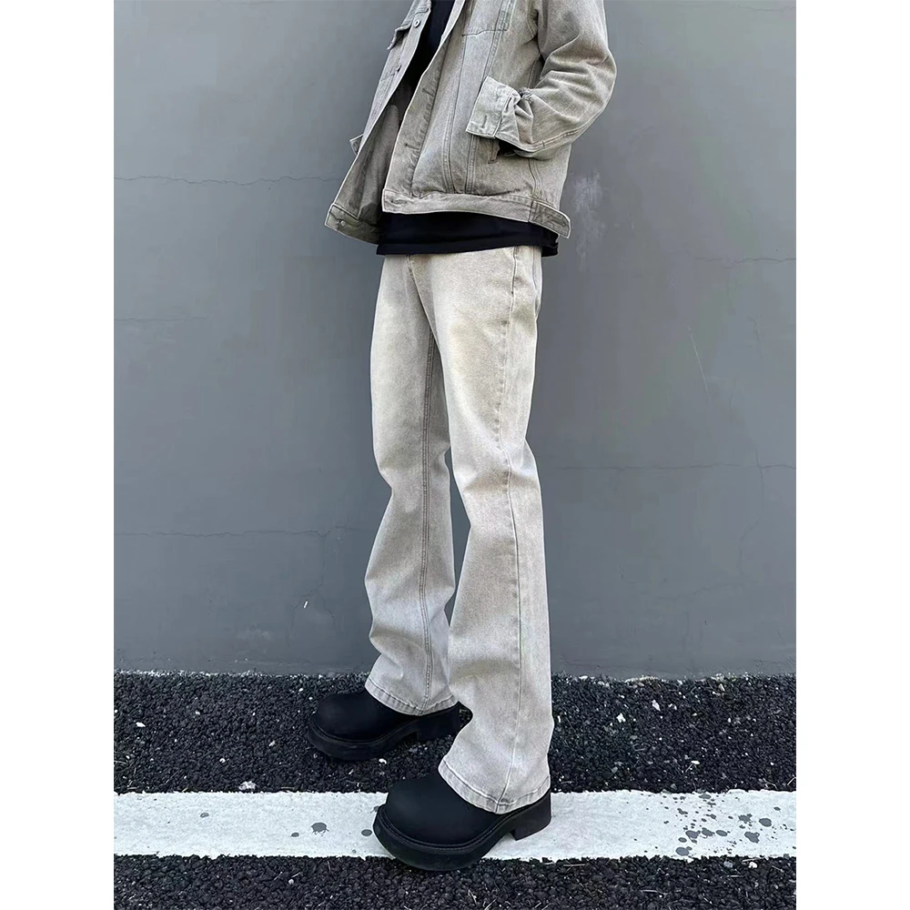 vibe复古水洗做旧牛仔裤男美式高街潮直筒微喇显瘦cleanfit长裤子