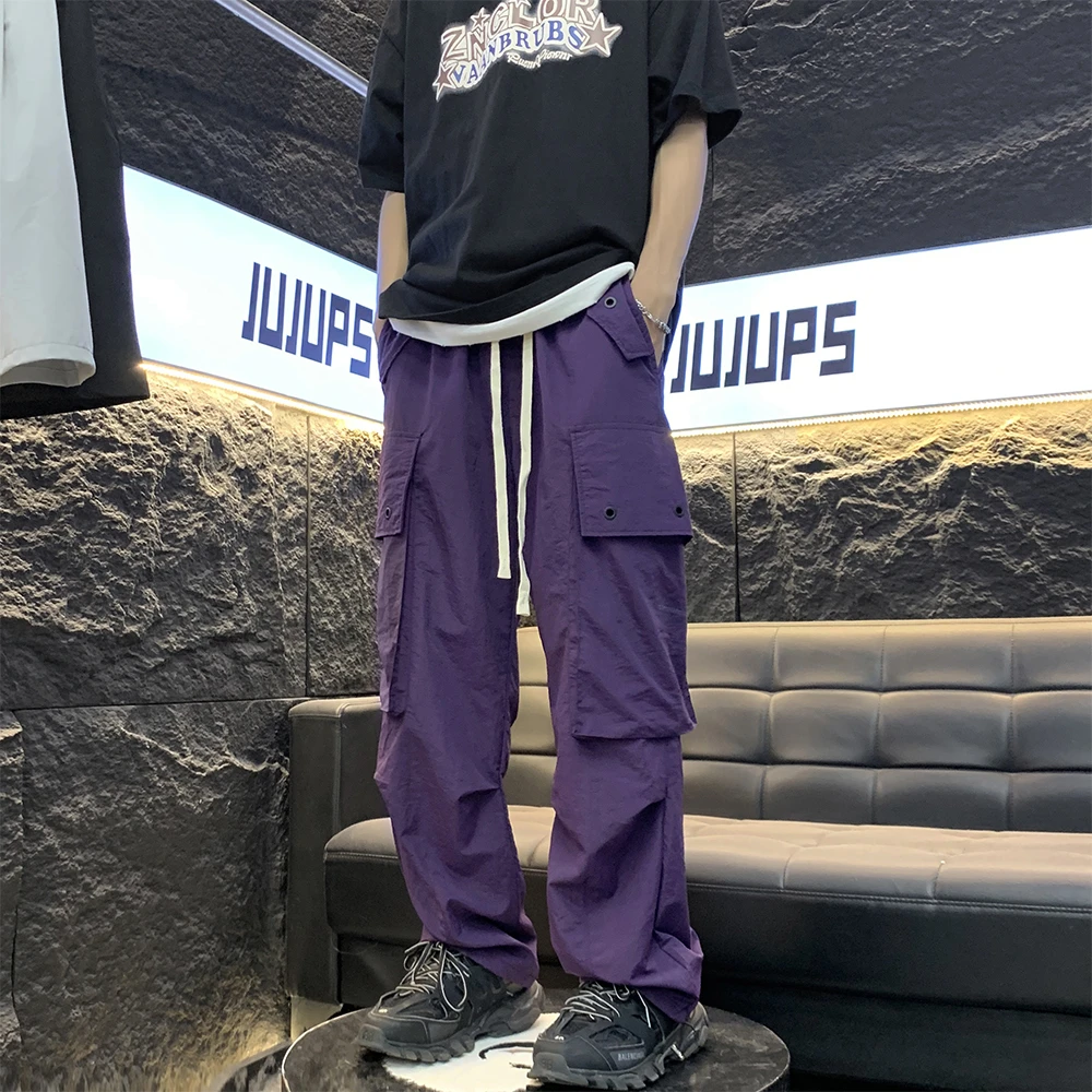 夏季男女同款高街直筒松紧冰丝休闲裤百搭潮流阔腿工装速干长裤