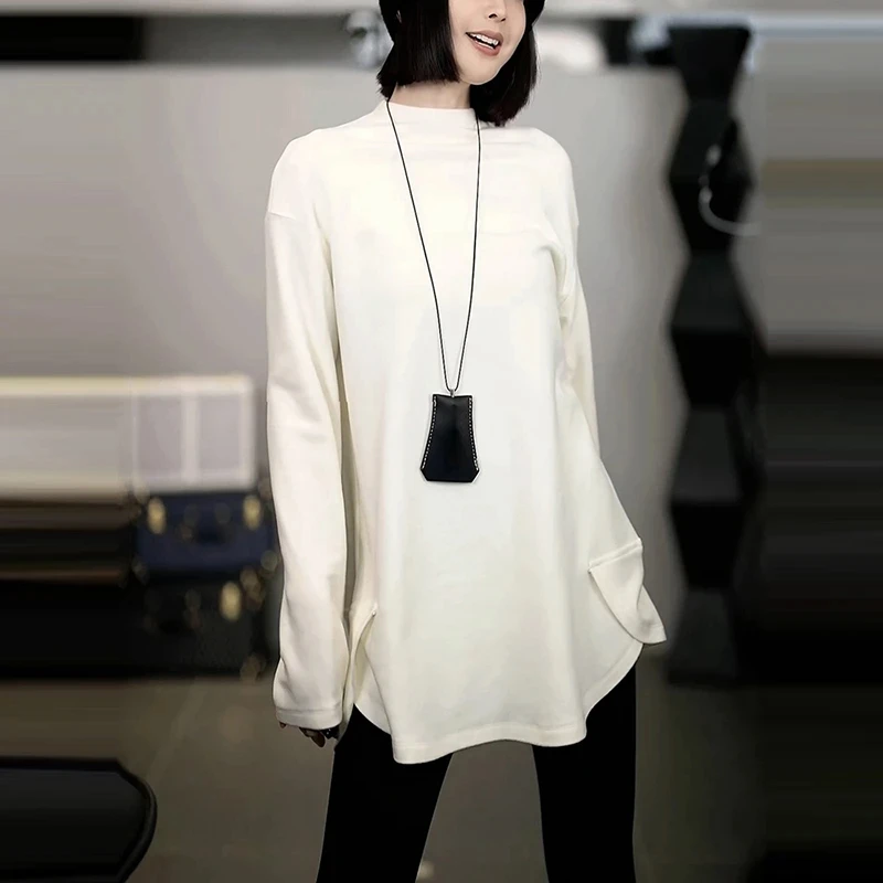 慵懒风白色休闲立领长袖T恤女2025秋季新款中长款打底衫内搭女款