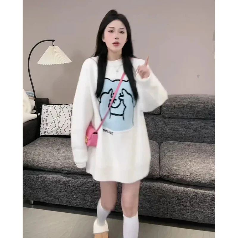 温柔风韩系时尚提花圆领针织衫女2025冬季新款慵懒风宽松保暖毛衣