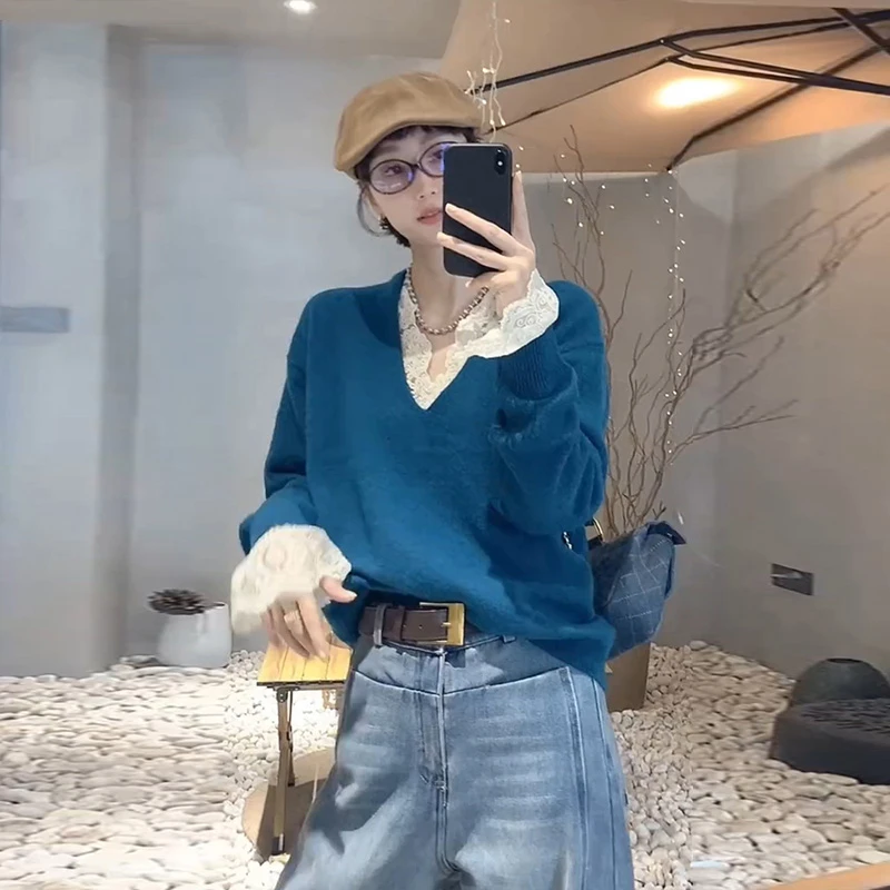 设计感拼接V领软糯套头毛衣女2025秋新款百搭减龄时尚针织衫上衣