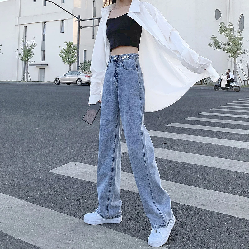 浅蓝高腰直筒牛仔裤女夏季2025年新款百搭小个子宽松显瘦阔腿裤子