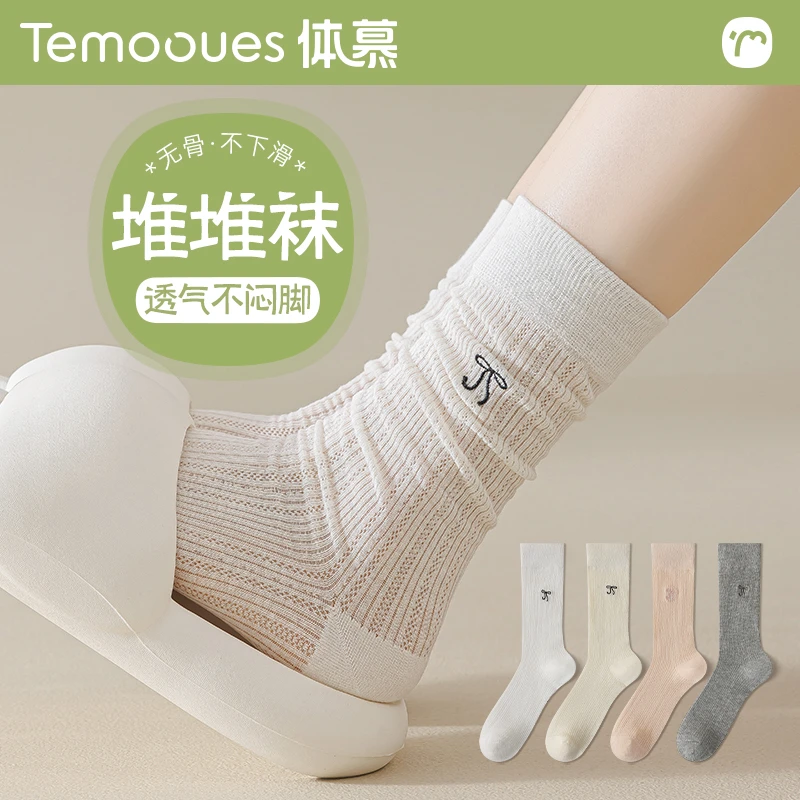 蝴蝶结袜子miu风无骨袜子女夏季薄款中筒堆堆袜白色网眼透气长筒