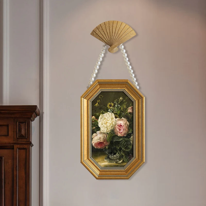 法式小众复古花卉装饰画美式古典餐厅卧室壁画珍珠项链八角框挂画