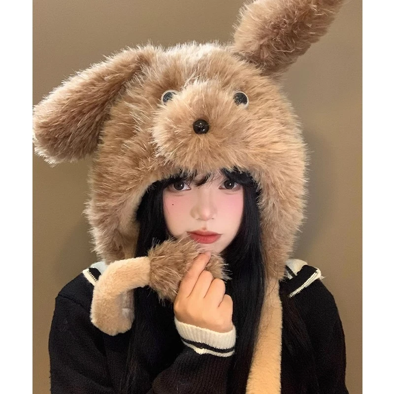 可爱小狗毛绒帽女秋冬季卡通会动耳朵护耳帽加厚保暖防寒雷锋帽子