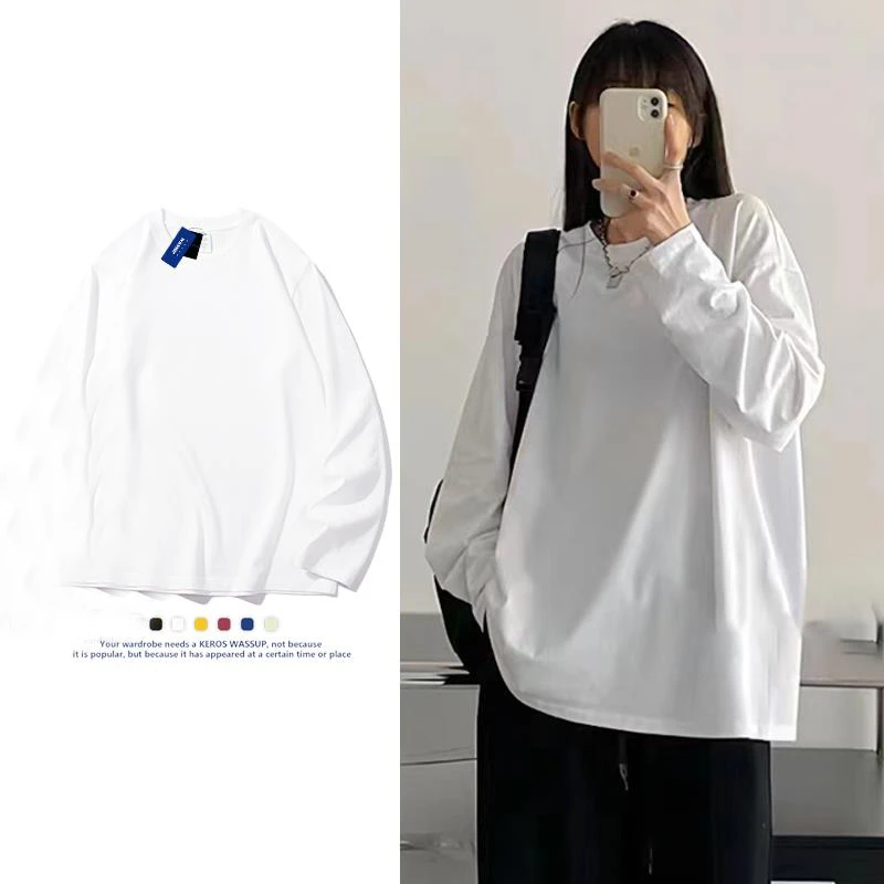 320g重磅长袖T恤男春夏纯棉纯色休闲港风情侣装纯色打底体恤衫ins