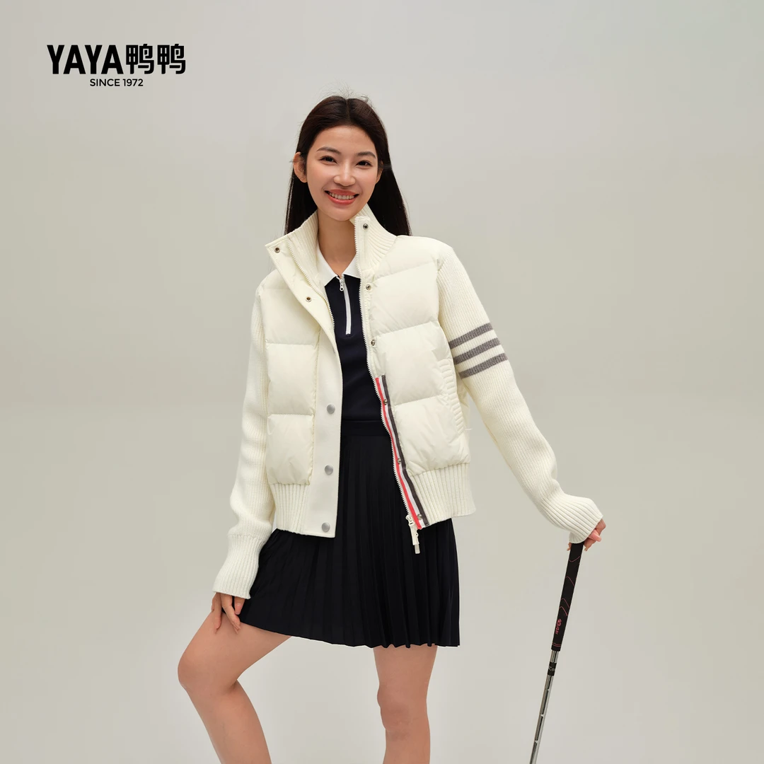 YAYA鸭鸭90+系列女短款轻薄时尚拼接针织休闲外套YE4B606553W