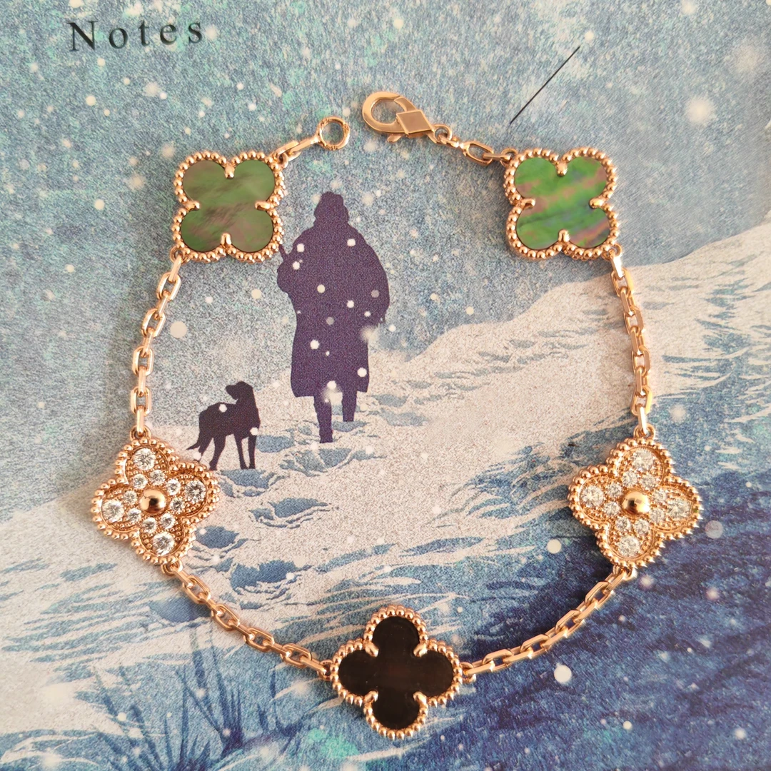 时尚 轻奢 18K金 玫瑰金 精工镶嵌灰贝母手链15mm高档香槟色优雅