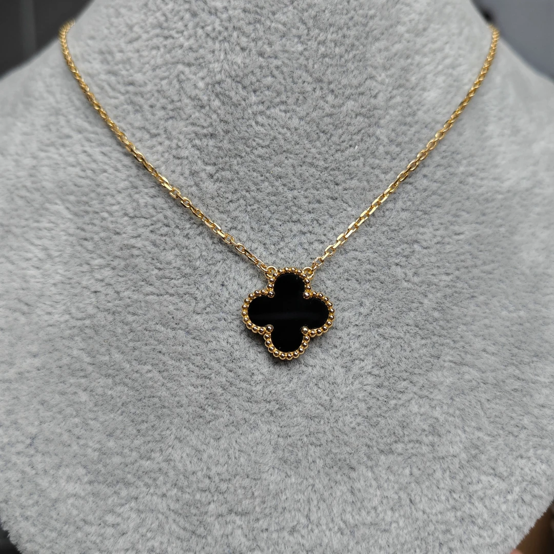 经典 时尚 18k金 浅金黄 精工镶嵌黑玛瑙单花项链15mm(高定款)