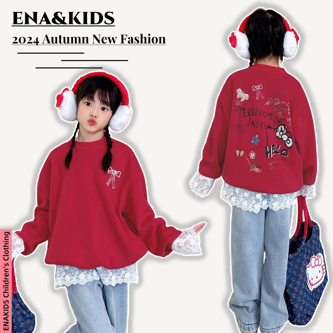 ENA恩娜kids【热辣甜心】女童休闲蝴蝶结卫衣秋冬加绒卡通涂鸦上衣