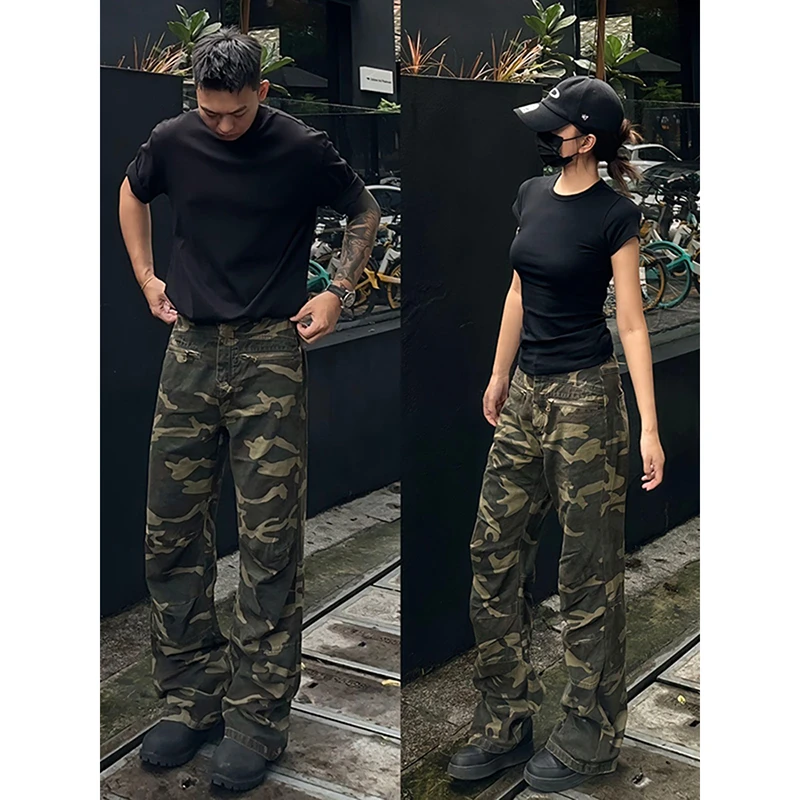 美式复古迷彩裤男款秋季新款大码工装裤高街潮牌cleanfit微喇裤子
