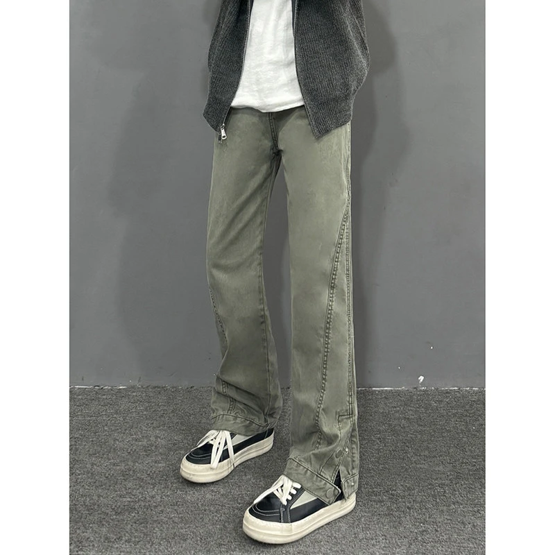 解构开叉伐木工装裤男秋vintage金属扣设计感裤子显瘦直筒微喇裤
