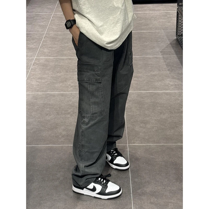 灰色工装牛仔裤男款秋季cleanfit大口袋裤子美式复古宽松休闲长裤