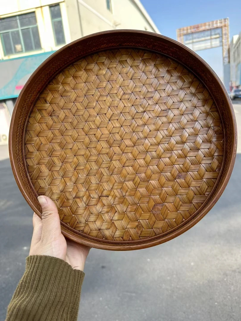 竹编复古龟背纹托盘，家用茶盘圆形编织