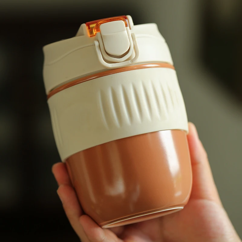 网红随手杯女高颜值便携双饮杯带吸管随行咖啡杯陶瓷茶杯外带水杯