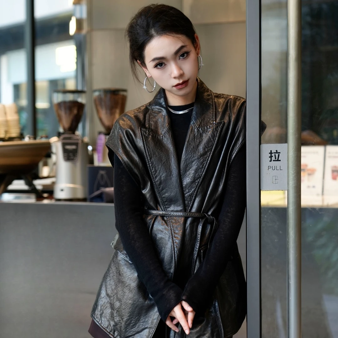 POPULARYW【杳杳寒山】Z·R上品屋 西装领无袖系带宽松羊皮马甲