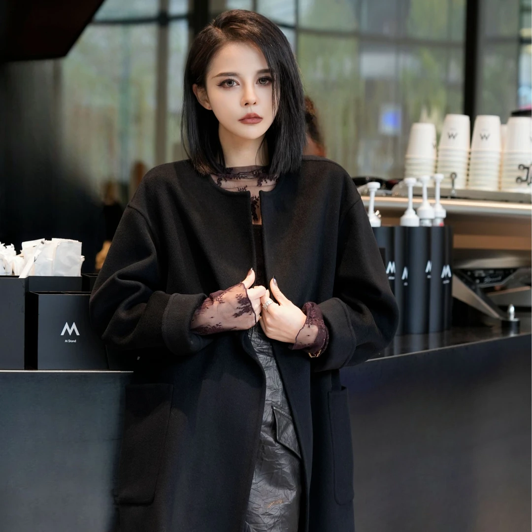 POPULARYW【极夜逐光】Z.R上品屋 黑色时尚宽松无领中长款大衣外套