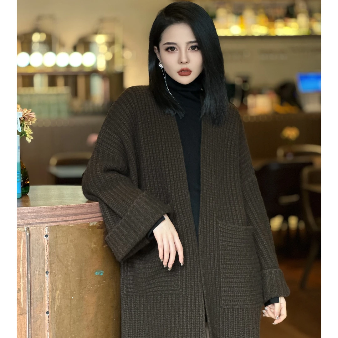 POPULARYW【瑾月斯年】Z.R上品屋 纯色百搭宽松双口袋坑条针织开衫