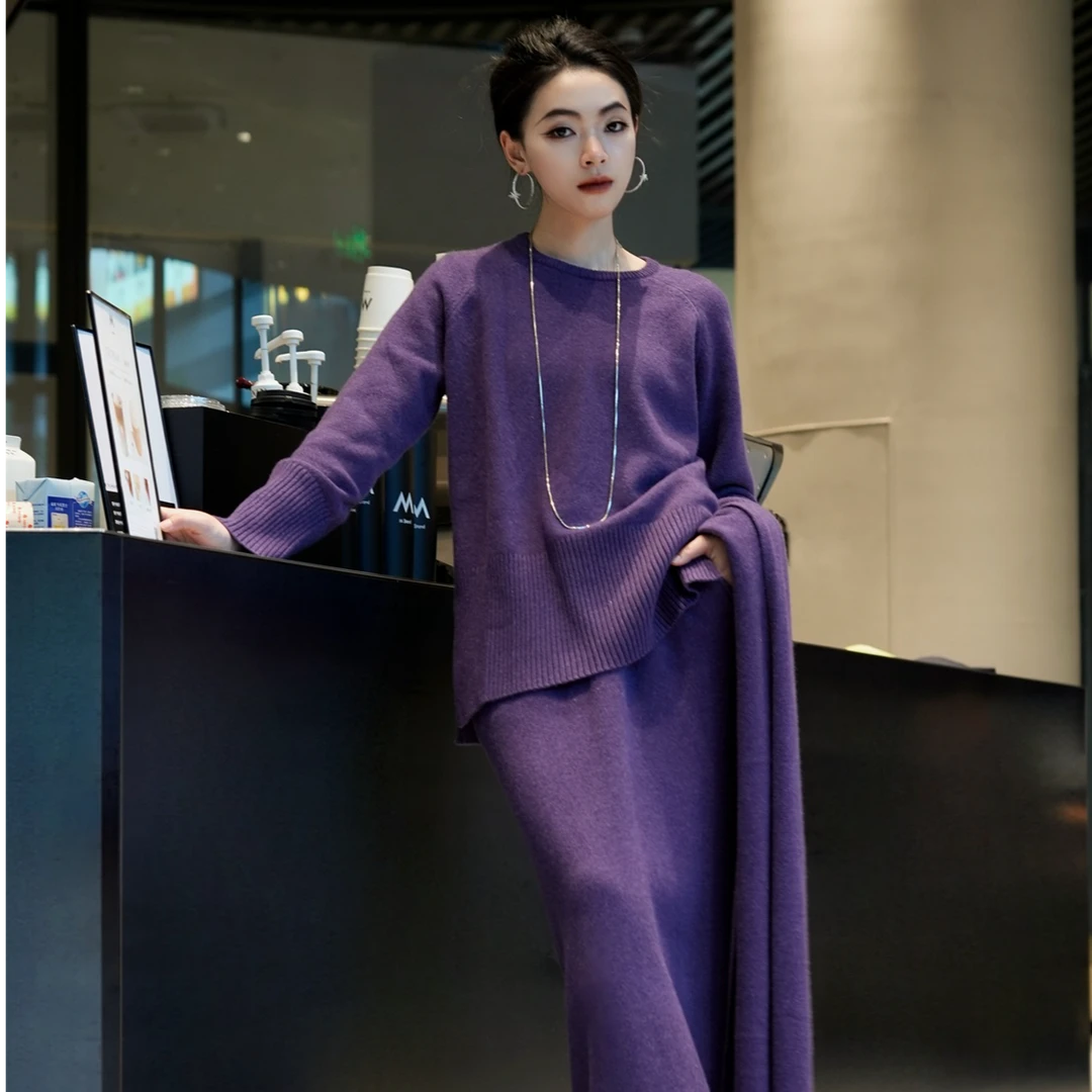 POPULARYW【蔓雨萦烟】Z·R上品屋 针织衫松紧腰直筒裙围巾三件套