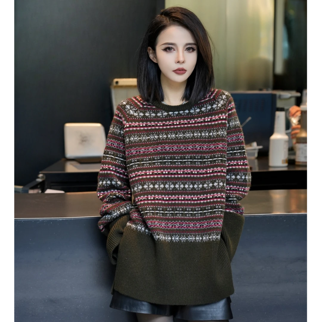 POPULARYW【花落知】Z·R上品屋 复古费尔岛撞色圆领宽松针织毛衣