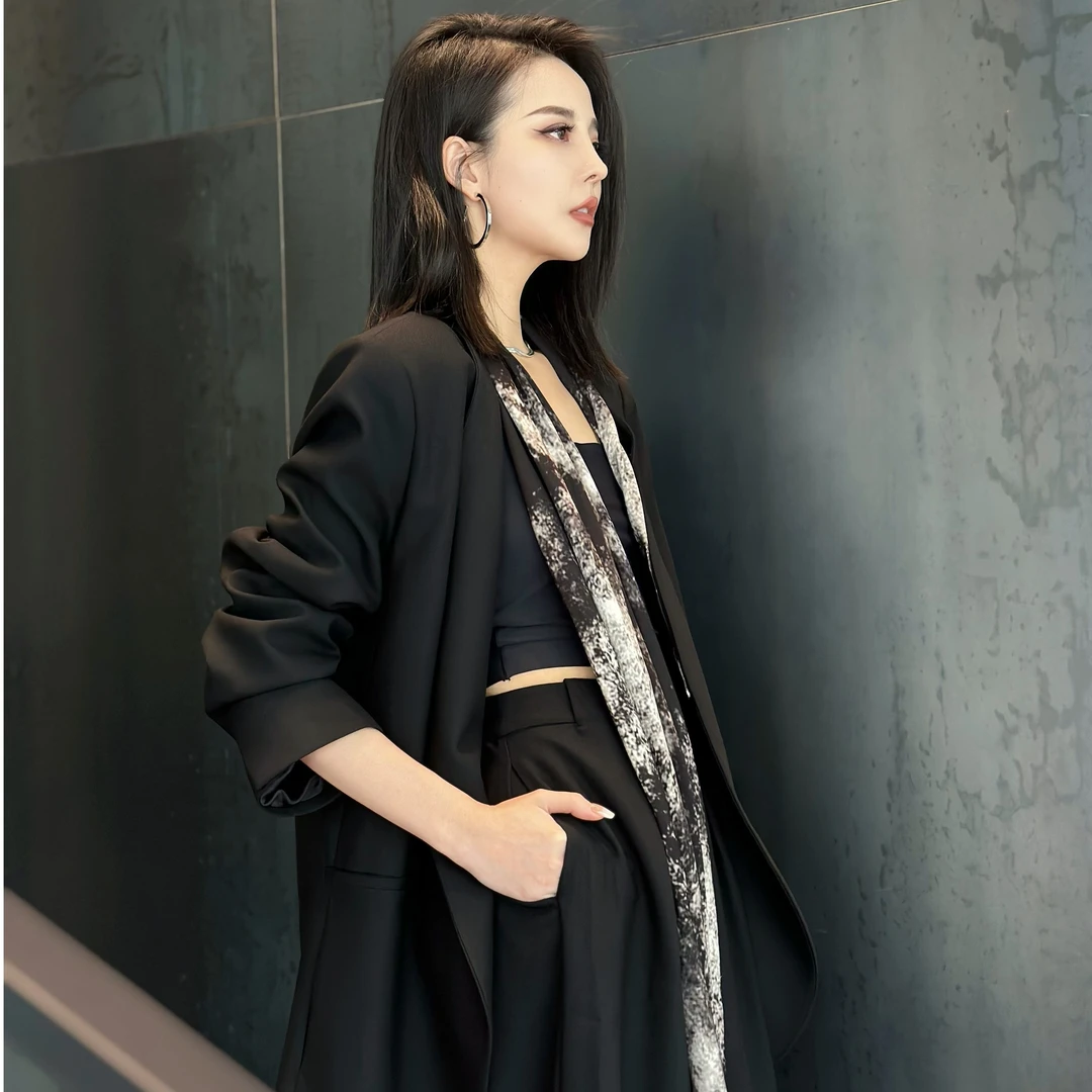 无品牌【城南光影】Z.R上品屋 丝巾无领垫肩西装阔腿西裤套装