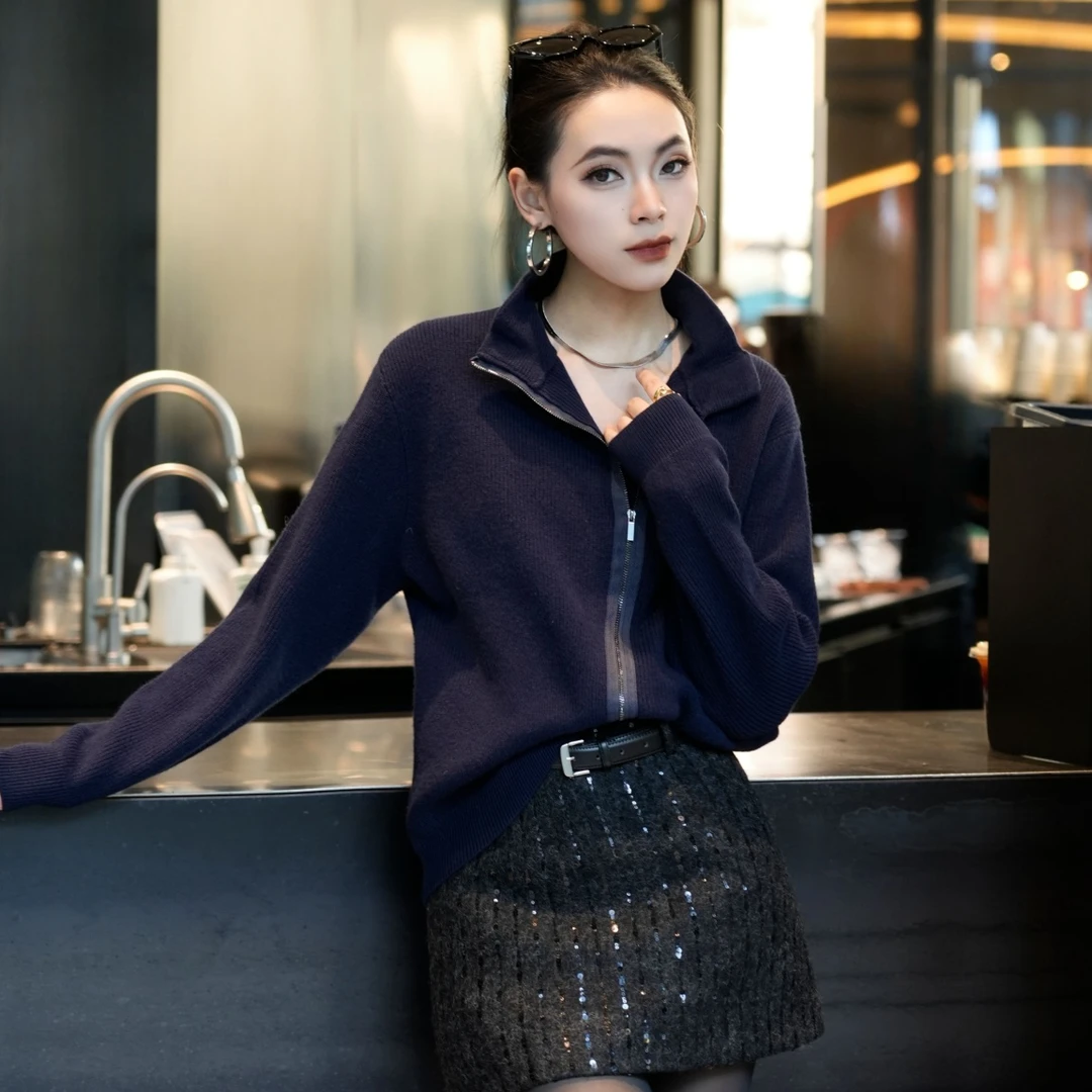 POPULARYW【花青入墨】Z·R上品屋 简约高级感立领斜拉链针织衫