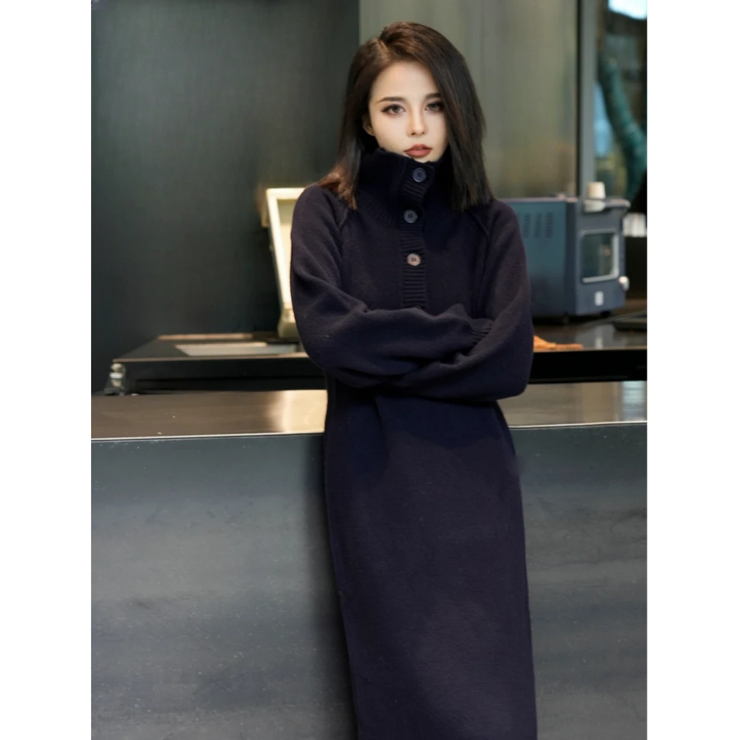 POPULARYW【雾浸山岚】Z·R上品屋 三粒扣高领羊毛带腰带针织连衣裙
