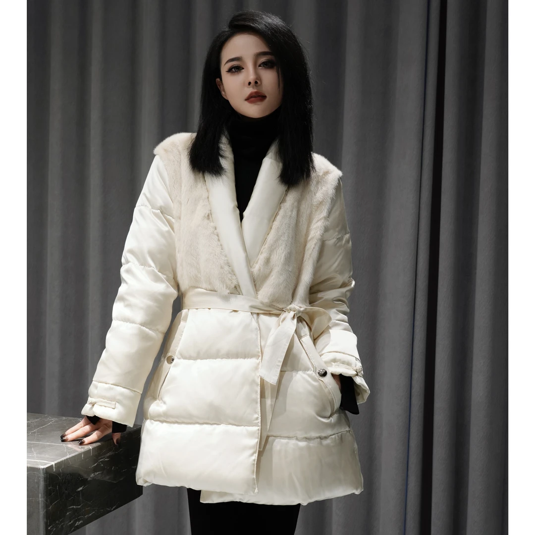 POPULARYW【东厢月】Z.R上品屋 秋冬保暖系带拼接水貂中长款羽绒服