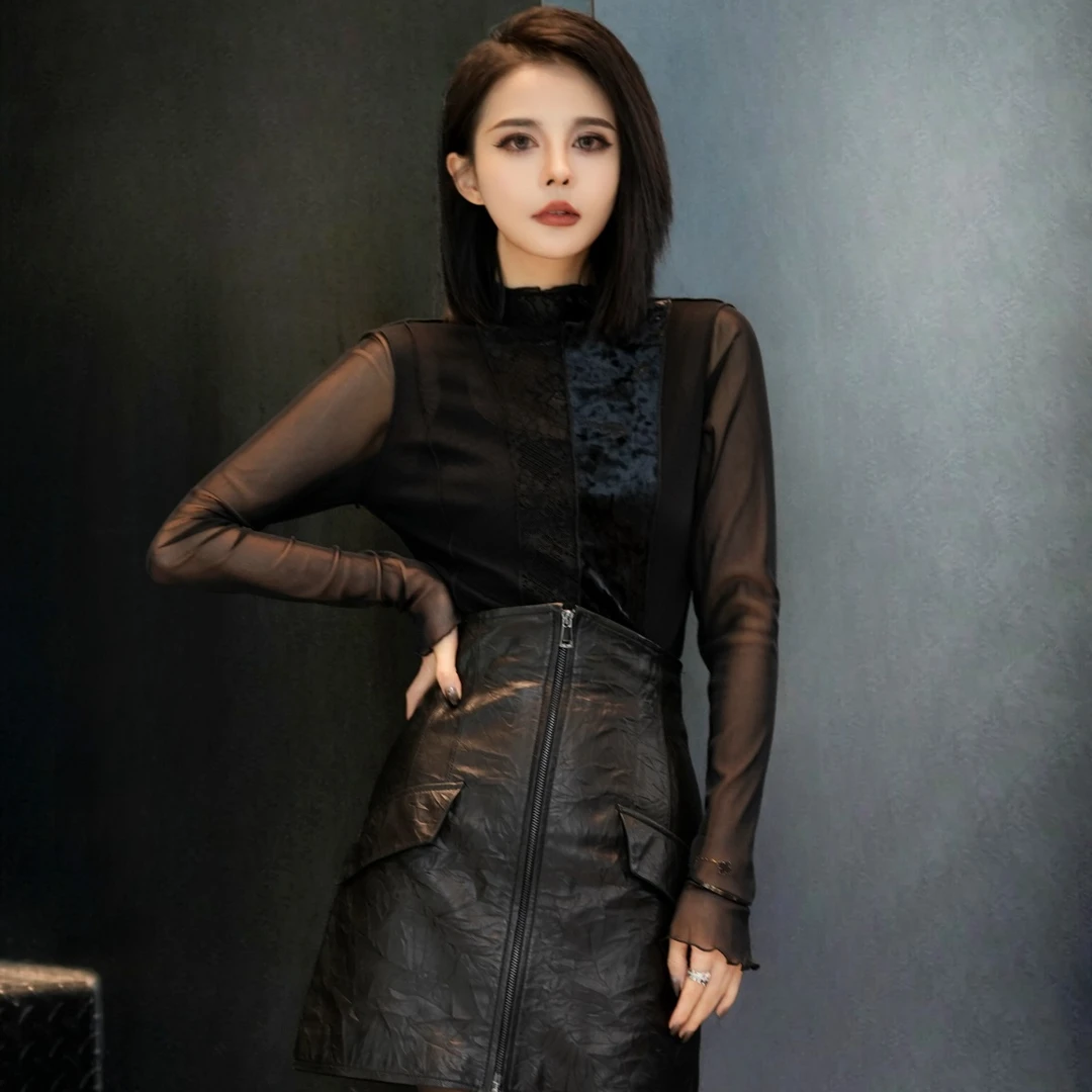 POPULARYW【涟风曲】Z·R上品屋 设计师立领蕾丝拼接双层网纱上衣