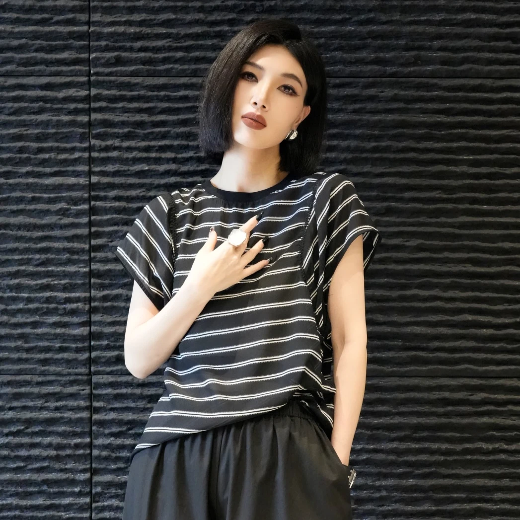 POPULARYW【时间漫游】Z·R上品屋 真丝条纹镂空拼接宽松短袖上衣