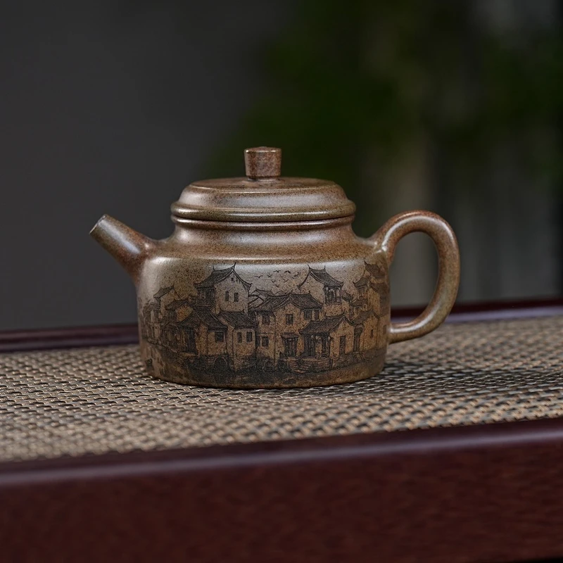 宜兴紫砂茶具 原矿龙背青泥料柴烧刻绘忆江南德钟紫砂壶 A1082