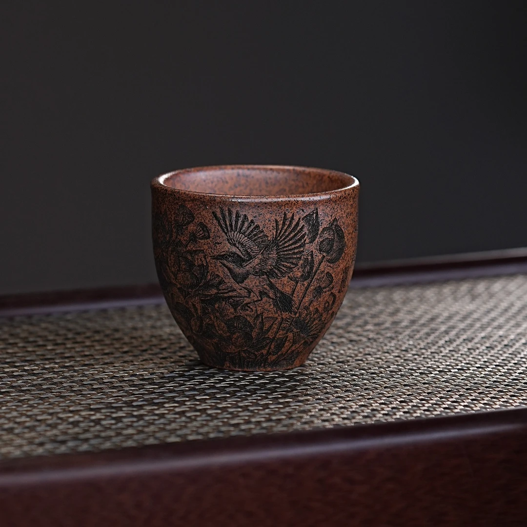 宜兴紫砂茶具 原矿龙骨金砂泥料刻绘好运连连主人杯品茗杯 A1007